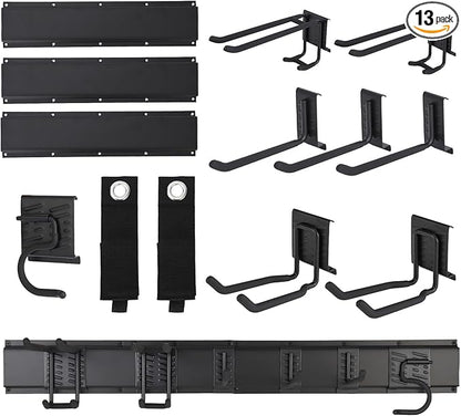 Garvee 48 Inch Garage Tool Organizer Wall Mount, Heavy Duty Garden Tool Storage Organization with 8 Adjustable Hooks, 13 Pack Yard shed Tool Organizer System for Shovel Rake Broom Ladders