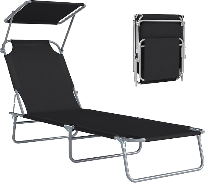 Outsunny Outdoor Lounge Chair, Adjustable Folding Chaise Lounge, Tanning Chair with Sun Shade for Beach, Camping, Hiking, Backyard, Black