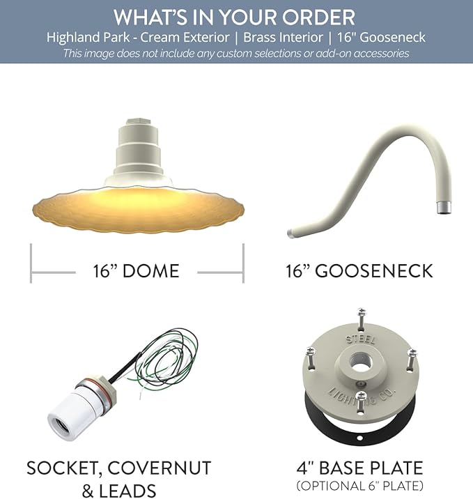 Steel Lighting Co. Highland Park Barn Light | Outdoor Wall Mounted | 16 inch Radial Wave | 16" Gooseneck | Vintage Style Made in America | Cream Exterior/Brass Interior
