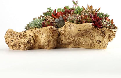 Driftwood Stump Log Resin Planter, Succulent Pot with Drainage Hole for Small Plants, Bonsai, Cactus, Indoor Outdoor Decor (Yellow)