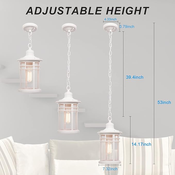 Darkaway Large Outdoor Pendant Lights for Porch, 15inch Outdoor Chandelier Hanging Porch Lights Ceiling Mount Aluminum with Seeded Glass for Front Porch Gazebo Patio (Large, White)
