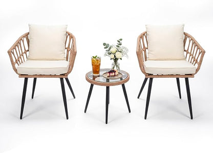 Upgraded 3 Piece Patio Bistro Set for Balcony, Backyard, Porch, Beige | All-Weather Rattan Patio Conversation Set, Tempered Glass Side Table, Easy-Clean Surface