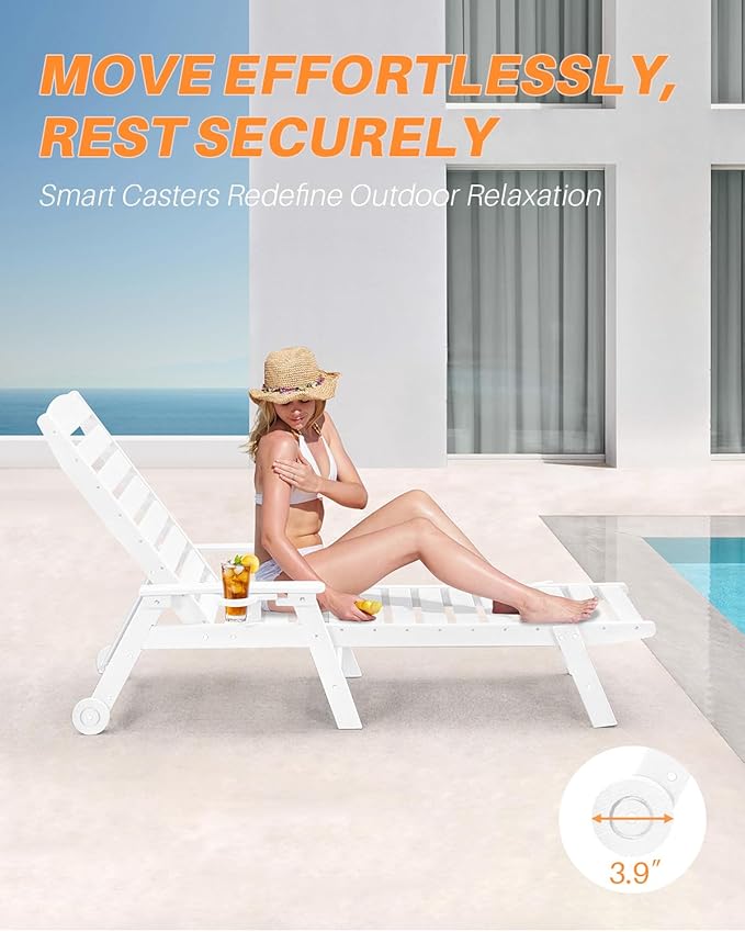 HDPE Outdoor Chaise Lounge Set of 2, 5-Position Adjustable Outdoor Lounger with Wheels & Cup Holder, 78.4'' Poly Lounge Chairs, HDPE Patio Lounge Chairs for Deck, Backyard, Poolside, Pearl