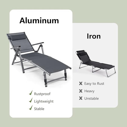 Tangkula Outdoor Aluminum Chaise Lounge Chair, Patio Folding Chaise with 8 Back and 2 Leg Adjustable Positions, Lounge Recliner with Quick-Drying Fabric for Poolside, Backyard, Beach