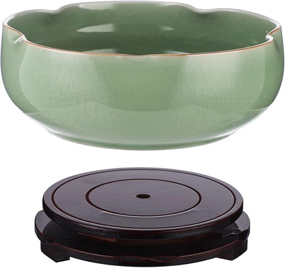 Ceramic Lotus Bowl Planter with Wood Tray, 7.8 in Green Water Lily Planter Pot, Hole Free Hydroponic Bowl, Ice Crack Glaze Flower Bowl for Lotus, Aquatic Plants, Bonsai, Desk Decor