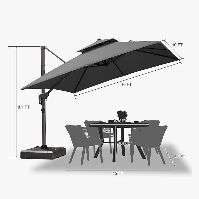 PURPLE LEAF Cantilever Patio Umbrella Outdoor Aluminum Offset Square Umbrella Windproof Heavy Duty Hanging Outside Umbrella for Deck Pool Garden