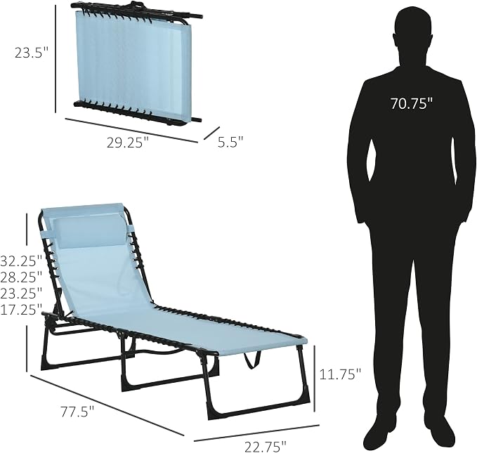 Outdoor Lounge Chair, Tanning Chair with Sunshade Roof, Adjustable Backrest Folding Chaise Lounge with Pillow Headrest for Outside, Beach, Camping, Hiking (No Sunshade Roof, Light Blue)