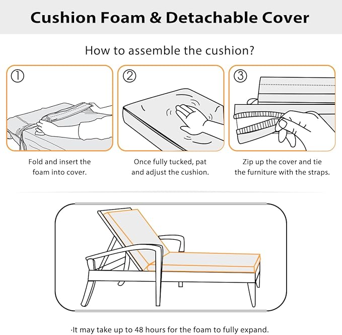 Sundale Outdoor Olefin Chaise Lounge Cushion, Water-Resistant Patio Lounge Chair Cushion, Thick Lounger Pad with 4 Straps Light Gray, 72 x 21 x 4 Inches