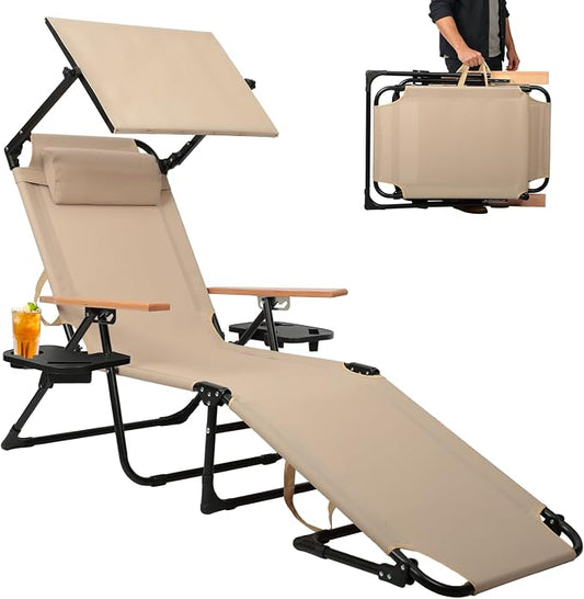 Foldable Chaise Lounge Chair Outdoor, 4-Position Reclining Outdoor Lounge Chairs with Wooden Armrest, Folding Sun Lounger with Removable Pillow for Garden Beach Patio Camp (Beige with Canopy)