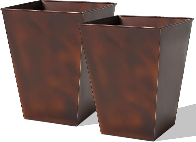 Worth Garden 14" Dia x 18" H Large Metal Floor Planter Set of 2, Matte Bronze Retro Finish Tall Square Tapered Steel Plant Pots, Decor Flower Pot Indoor & Outdoor, Drainage Hole