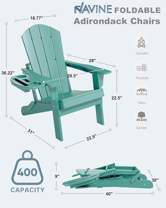 Adirondack Chair Set of 4, HDPE Folding Adirondack Chair with Multifunctional Cup Holder, Weather Resistant Fire Pit Chair for porches, patios, poolsides, Decks.