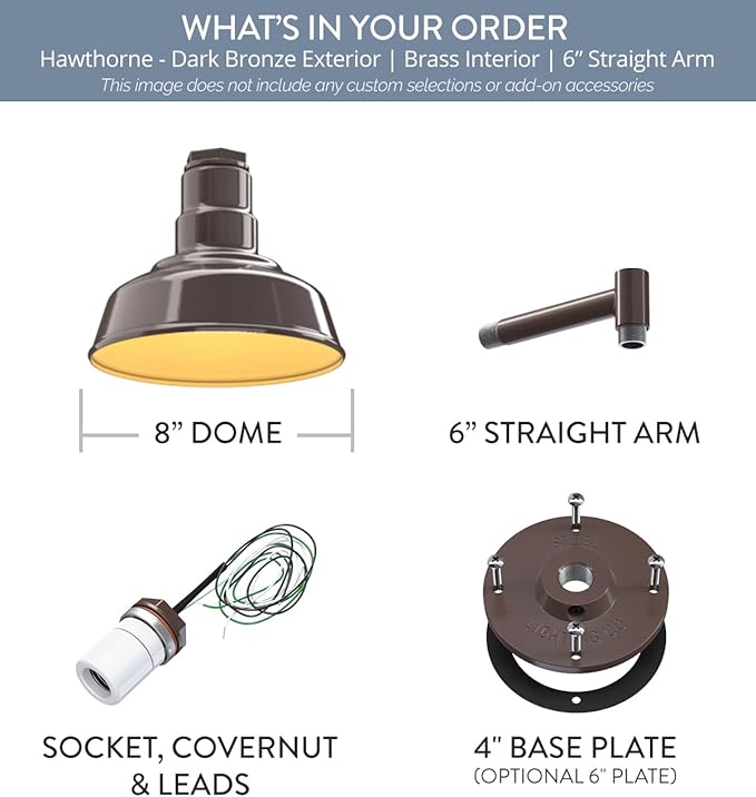 Steel Lighting Co. | Dusk to Dawn | Hawthorne Barn Light | Outdoor Wall Mounted | 8 in Dome | 6 in Straight Arm| Small Farmhouse Light Made in America | Dark Bronze/Brass