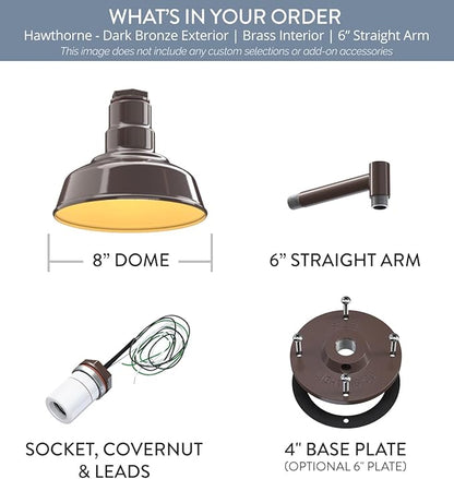 Steel Lighting Co. | Dusk to Dawn | Hawthorne Barn Light | Outdoor Wall Mounted | 8 in Dome | 6 in Straight Arm| Small Farmhouse Light Made in America | Dark Bronze/Brass