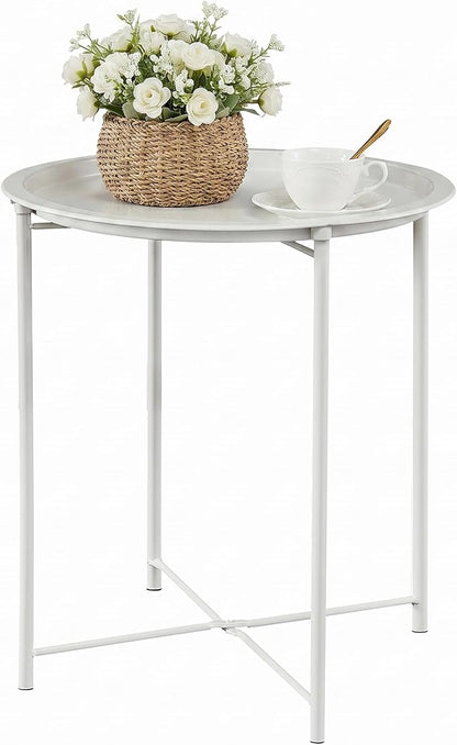 VECELO Side/End Table, Folding Round Metal Anti-Rust and Waterproof Outdoor or Indoor Tray for Living Room Bedroom Balcony and Office, 1 PCS, Beige