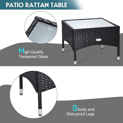 COSTWAY 3 PCS Patio Wicker Conversation Set, PE Rattan Sofa with Tempered Glass Coffee Table, 2 Chairs, 2 Cushions, Outdoor Patio Furniture Set for Yard Porch Bistro Balcony Backyard Pool, Turquoise