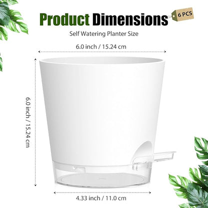 Plant Pots 6 Inch Self Watering Pots,6 Pack Plastic Planters with Drainage Holes and Clear Saucers,Plastic Flower Pots,Nursery Planting Pot for Indoor Out Door Plants (White)