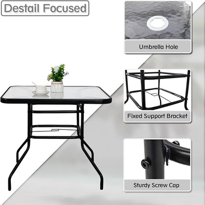 DIMAR GARDEN 32" Outdoor Coffee Table with Umbrella Hole, Patio Square Side Bistro Table with Glass Top, Black