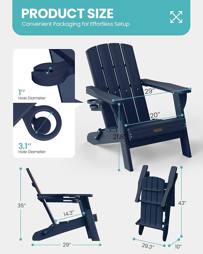 Folding Adirondack Chair 4 Pack, HDPE All-Weather Fire Pit Chairs, Plastic Adirondack Chairs with 2 Cup Holder, Outdoor Lawn Chair for Patio Garden (Navy Blue)