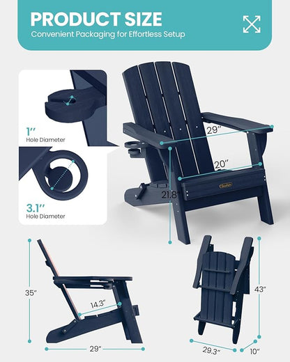 Folding Adirondack Chair 4 Pack, HDPE All-Weather Fire Pit Chairs, Plastic Adirondack Chairs with 2 Cup Holder, Outdoor Lawn Chair for Patio Garden (Navy Blue)