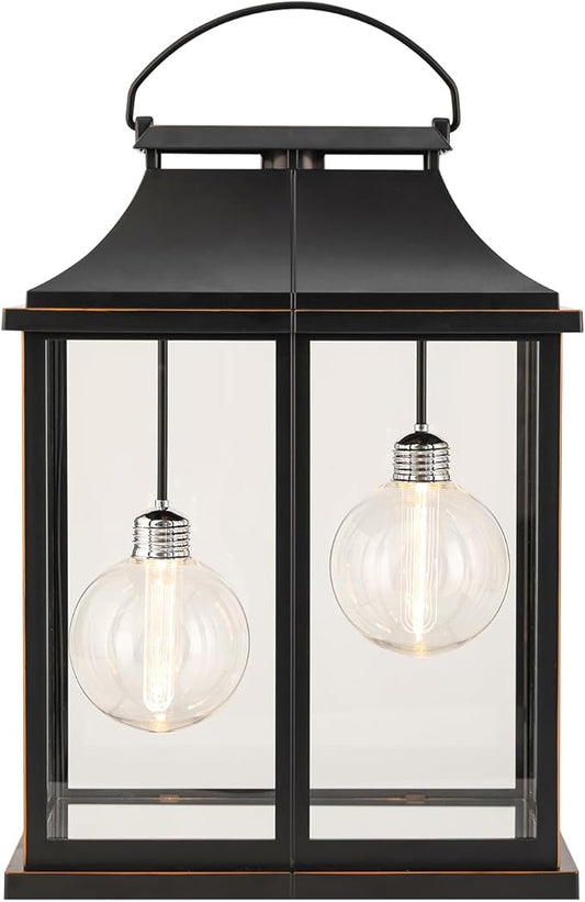 Modern Farmhouse Lanterns, Black Plastic Clear Glass Shade Lanterns Decor –3AA Battery Powered, with 2 G100 LED Vintage Bulbs & Timer(6/18),Ideal for Porch, Patio, Indoor Tables & Mantelpiece.