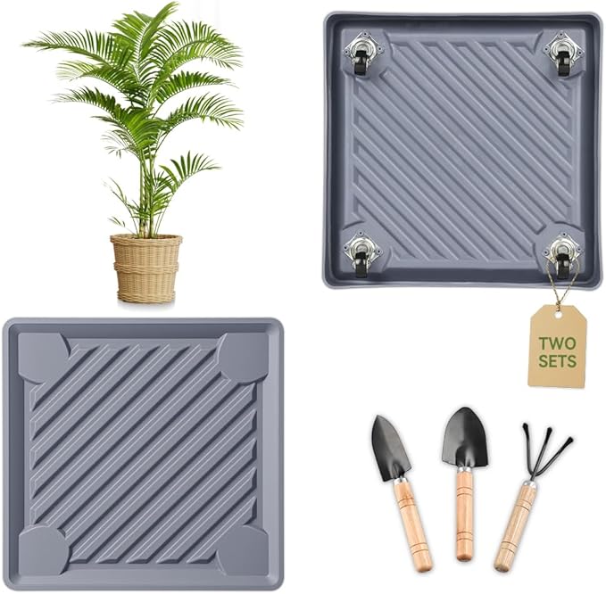 2 Pack-Square Plant Caddy with Hidden Wheels 10 Inch Heavy Duty Rolling Plant Stands Indoor Outdoor Plant Saucer Tray Dolly with $9.9 Garden Tools (Gray)