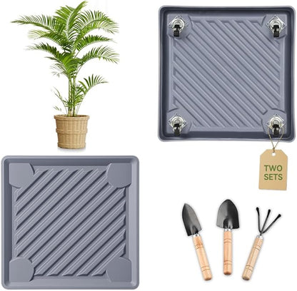2 Pack-Square Plant Caddy with Hidden Wheels 10 Inch Heavy Duty Rolling Plant Stands Indoor Outdoor Plant Saucer Tray Dolly with $9.9 Garden Tools (Gray)