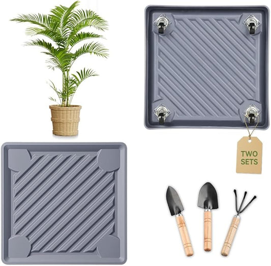2 Pack-Square Plant Caddy with Hidden Wheels 12 Inch Heavy Duty Rolling Plant Stands Indoor Outdoor Plant Saucer Tray Dolly with $9.9 Garden Tools (Gray)