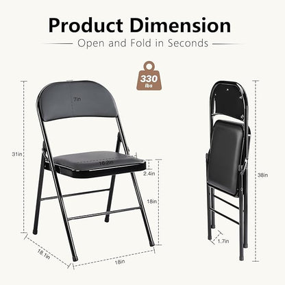DUMOS 2 Pack Leather Padded Folding Chair, Indoor Outdoor Portable Stackable Commercial Seat with Steel Frame, Capacity for Home, Office, Party, Comfy, Black