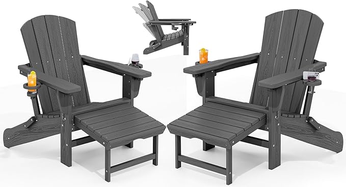 KINGYES Folding Adjustable Adirondack Chair with Retractable Ottoman Set of 2, HDPE All Weather Chair with Cup Holder, Wood-Like Reclining Adirondack Outdoor Chair - Versatile Adirondack Chair, Grey