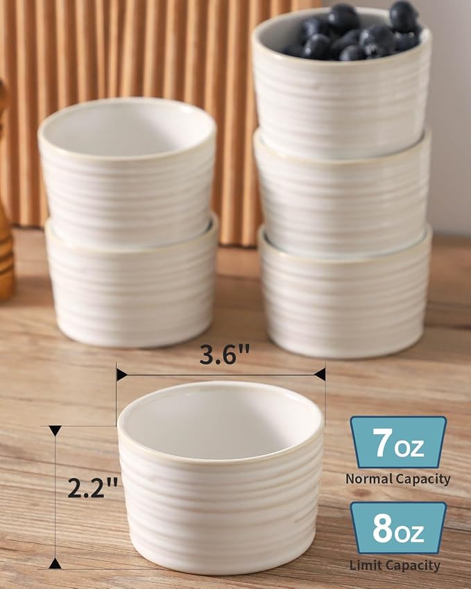 Hasense Ramekins 8 oz Oven Safe for Creme Brulee, Ceramic Souffle Dish Set of 6,Porcelain Dipping Sauce Bowls for Pudding, Souffle, Serving Dip, Custard, Ice Cream, Clay-Infused White