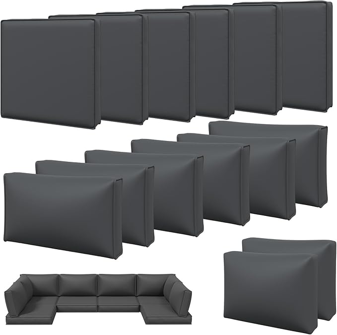 Aoxun 14pcs Patio Cushion Covers Replacement, Waterproof Outdoor Furniture Cushion Covers with Zipper and Non-Slip Bottom, Patio Sofa Couch 3 Sizes for Patio Sectional, Covers Only (Grey)