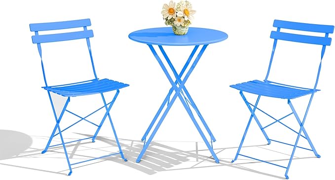 GarveeLife 3-Piece Folding Bistro Set, Foldable Patio Furniture Set with Premium Frame, Outdoor Bistro Table and Chairs Set of 2 for Patio, Garden and Balcony, Blue