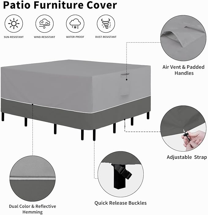 Easy-Going Patio Furniture Cover 56"x56" Square Outdoor Table and Chair Set Covers Waterproof UV Resistant Outdoor Sectional Sofa Set Covers, Gray/Dark Gray