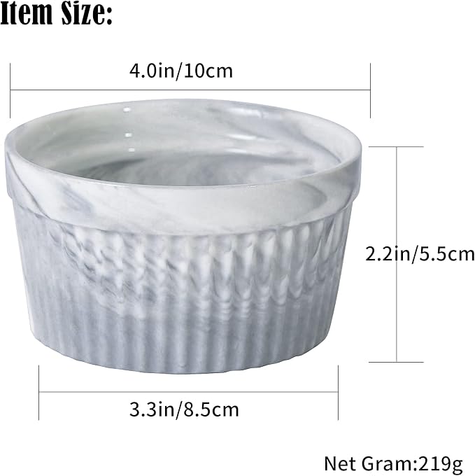 Yundu 8 Ounce Grey Marble Ceramic Ramekins - Perfect for Creme Brulee, Oven Safe Baking Bowls - Set of 6