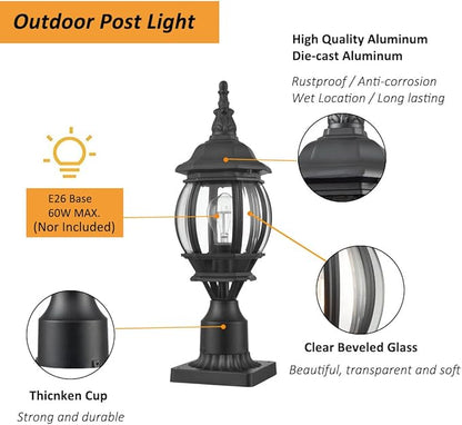 HOLKIRT Outdoor Post Light,Vintage Lamp Post Light Fixture,Waterproof Exterior Post Lantern with Pier Mount Base for Pathway Garden Post Pole Mount,Matte Black