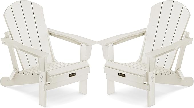 SERWALL Folding Adirondack Chair Set of 2, All Weather Patio Chair with Wood Texture, Fire Pit Chairs for Outdoor - White