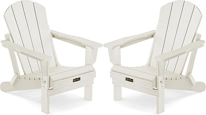 SERWALL Folding Adirondack Chair Set of 2, All Weather Patio Chair with Wood Texture, Fire Pit Chairs for Outdoor - White