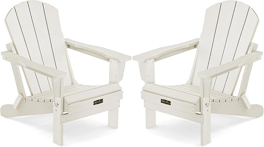 SERWALL Folding Adirondack Chair Set of 2, All Weather Patio Chair with Wood Texture, Fire Pit Chairs for Outdoor - White