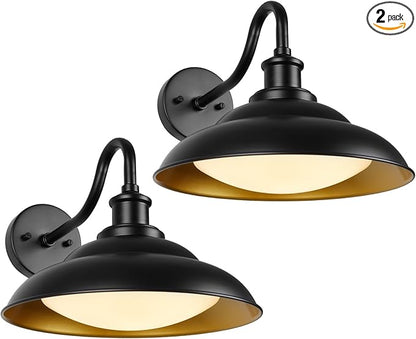 LED Outdoor Barn Lights, 12 Inch Farmhouse Exterior Wall Light Fixtures with Adjustable Color Temperature, Black Porch Lights Outside for House, Outdoor & Indoor, Gold Interior, 2 Pack