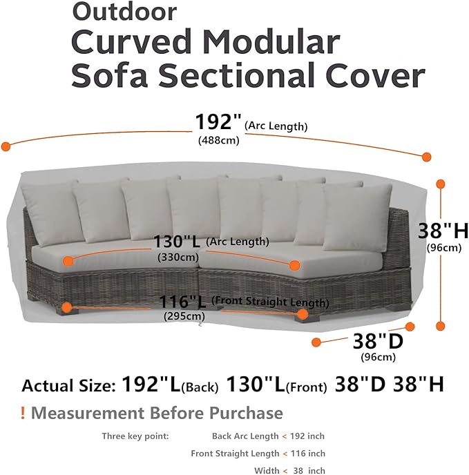 Curved Patio Furniture Cover for Outdoor Sectional Sofa, 190"(128") Reinforced Waterproof 600D Patio Couch Cover, Half Moon Lawn Outside Garden Winter Protective Cover, Storm Grey