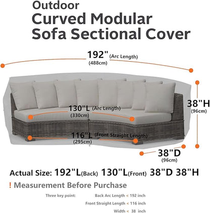 Curved Patio Furniture Cover for Outdoor Sectional Sofa, 190"(128") Reinforced Waterproof 600D Patio Couch Cover, Half Moon Lawn Outside Garden Winter Protective Cover, Storm Grey