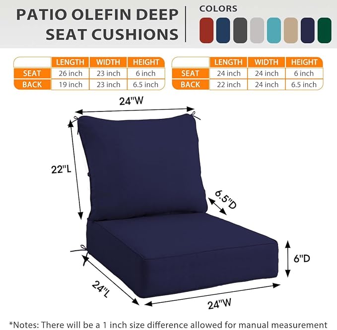 Sundale Outdoor Olefin Deep Seat Cushion, Patio Chair Cushion and Pillow, Water-Resistant Sectional Sofa Pad with Straps Navy Blue, 24 x 24 x 6 Inches