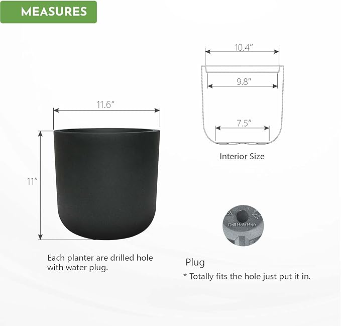 11" H Modern Cylinder Planter, Lightweight Weather & UV Resistant Plastic Plant Pot with Drainage Hole & Rubber Plug, Indoor Outdoor Flower Pot for Home, Garden & Office, Coal Black, 10.4" Pot Opening