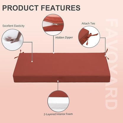 Favoyard Outdoor Bench Cushion 48 x 18 Inch Waterproof Patio Furniture Cushions 3-Year Color Fastness Garden Sofa Settee Couch Swing Pads with Handle and Attach Ties, Spice