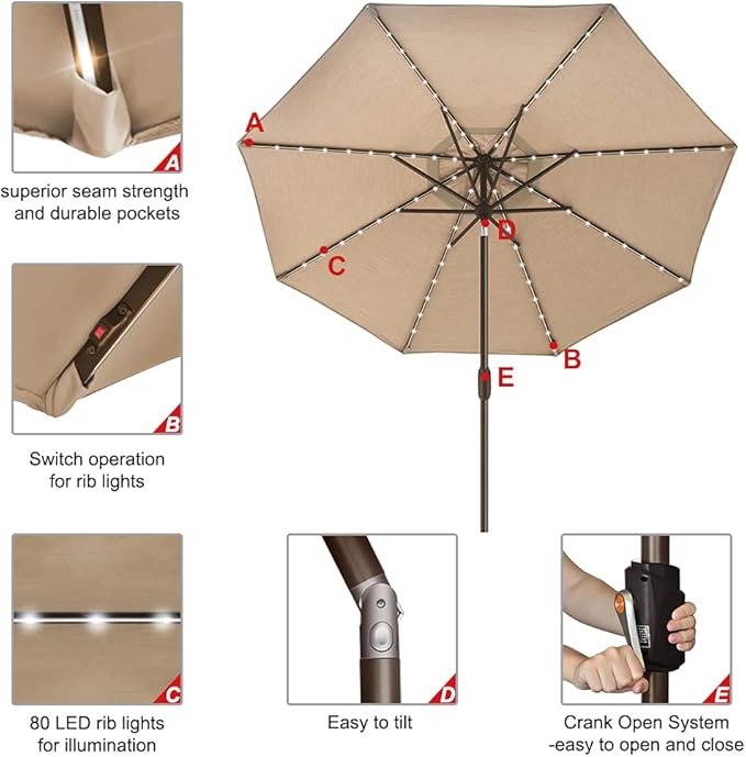 EliteShade USA 10-Year-Non-Fading Solar 9ft Market Umbrella with 80 LED Lights Patio Umbrellas Outdoor Table Umbrella with Ventilation, Heather Beige