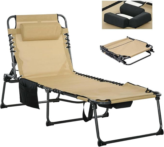 Sun Tanning Chair with Face Hole, Heavy Duty Adjustable 5-Position Folding Laying Out Chairs for Tanning, Beach Lounge Chairs for Adults for Outdoor Sunbathing Patio Pool Lawn (Deep Beige)
