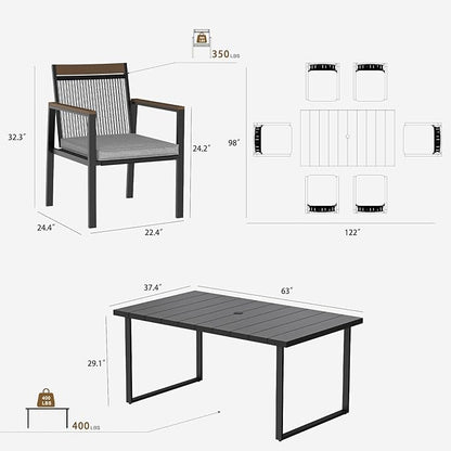 7-Piece Patio Dining Table and Chair Sets, Outdoor Metal Dining Furniture Set with Umbrella Hole, Wood Grain Tabletop, 6 Rope Patio Chairs with Faux Wood Armrest & Cushions for Backyard, Deck