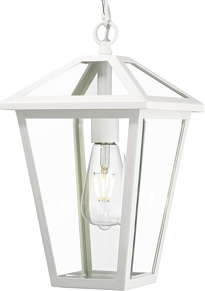 Outdoor Pendant Light Fixture, Exterior Hanging Pendant Lights for Porch, Outside Chandelier Ceiling Mount Aluminum with Clear Glass for Entryway Doorway Gazebo Patio Foyer, White