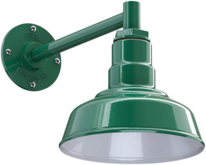 Steel Lighting Co. | Dusk to Dawn | Hawthorne Barn Light | Outdoor Wall Mounted | 8 in Dome | 11 inch Straight Arm| Small Farmhouse Light Made in America | Green Exterior/White Interior