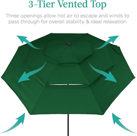 Best Choice Products 10ft 3-Tier Solar Patio Umbrella, Outdoor Market Sun Shade for Backyard, Deck, Poolside w/ 24 LED Lights, Tilt Adjustment, Easy Crank, 8 Ribs - Green